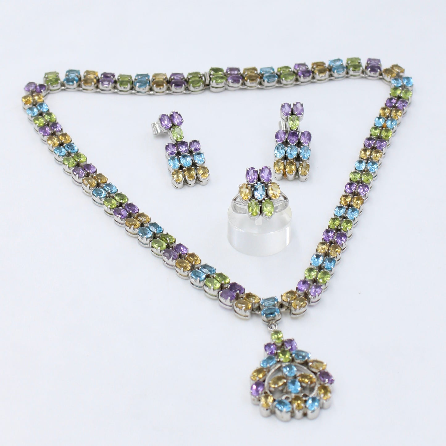 Natural AAA 86.75 Ct Peridot, Citrine, Amethyst, Blue Topaz Sterling Silver Necklace, Earring & Ring Set