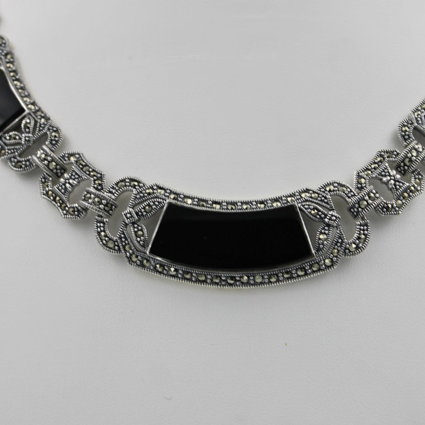Unique Marcasite & Black Onyx Statement Necklace & Earrings in Sterling Silver