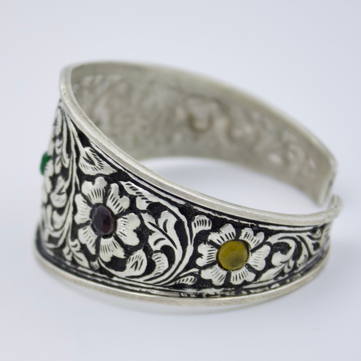 Vintage Emerald Garnet Citrine Handcarved Floral Cuff Bracelet in Sterling Silver