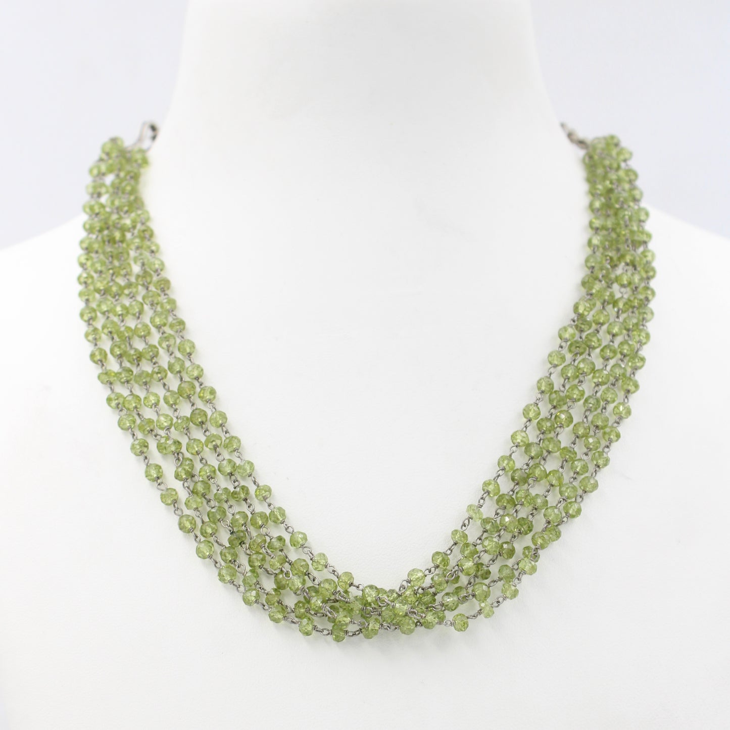 Vintage Natural Peridot 5 Strand Beaded Necklace in Sterling Silver