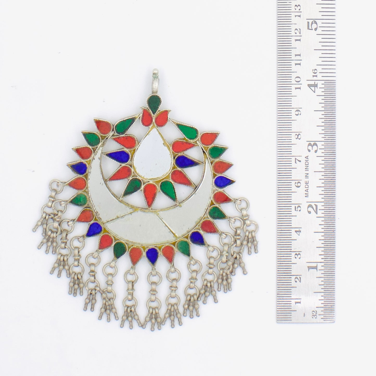 Vintage Tribal Coloured Glass Crescent Moon Pendant in Sterling Silver