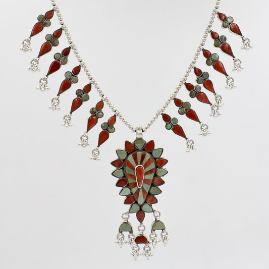 Vintage Southwestern Turquoise & Coral Statement Necklace in Sterling Silver