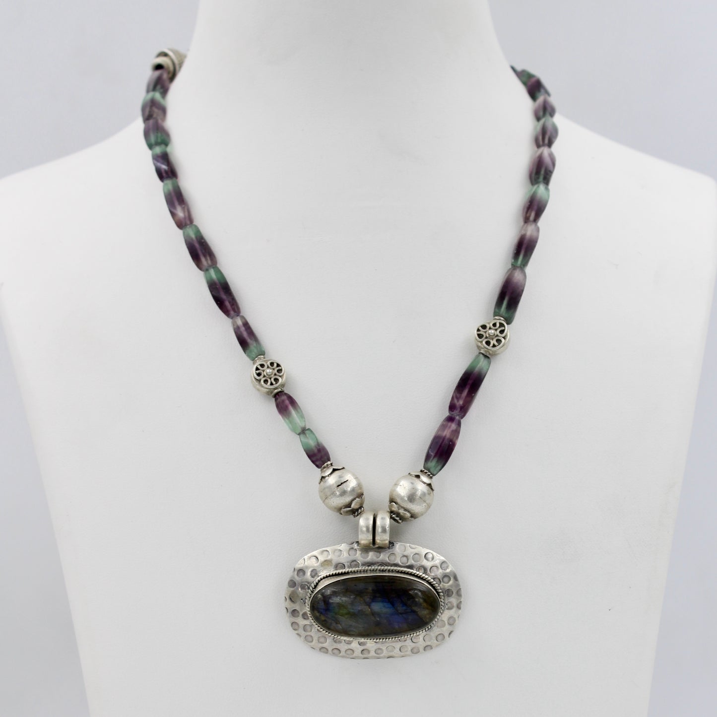 Vintage Labradorite and Blue John Fluorite Pendant Necklace in Sterling Silver