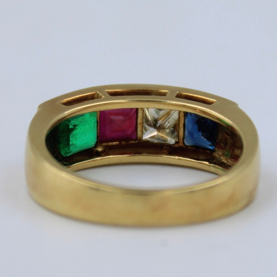 Natural AAA 2.22 TCW Diamond, Ruby, Emerald & Sapphire Statement Ring 18K Gold