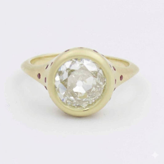 IGI 2.26 Ct Old European Cut Diamond & Ruby Engagement Ring in 18KY Brushed Gold