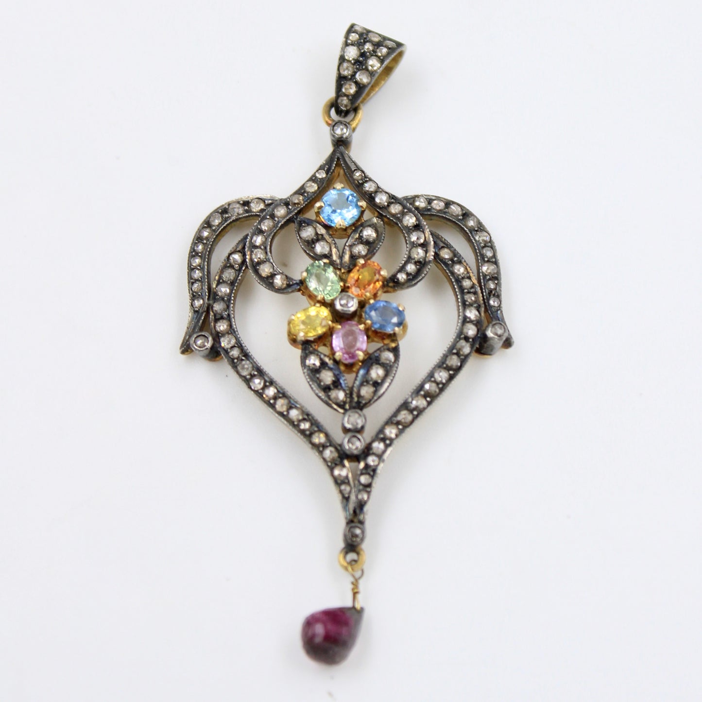 Victorian 3.85 TCW Untreated Sapphires and Diamond Pendant in 14k Gold & Sterling Silver