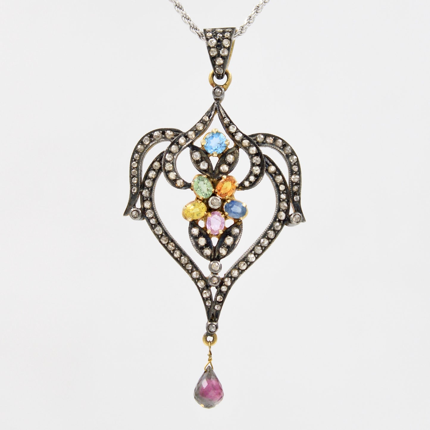 Victorian 3.85 TCW Untreated Sapphires and Diamond Pendant in 14k Gold & Sterling Silver