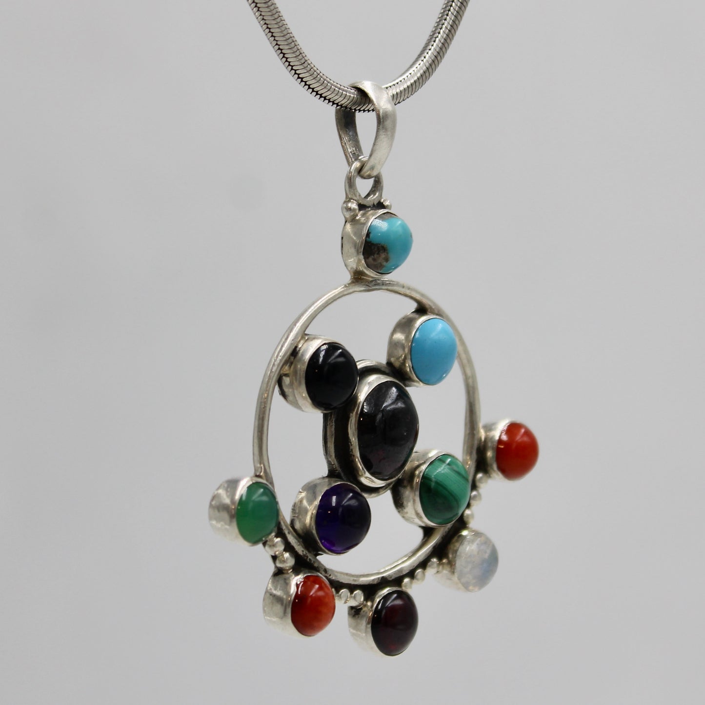 Vintage Multi Gem Amethyst, Turquoise, Malachite Pendant in Sterling Silver