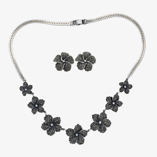 Unique Marcasite & Mother of Pearl Floral Necklace & Earring in Sterling Silver
