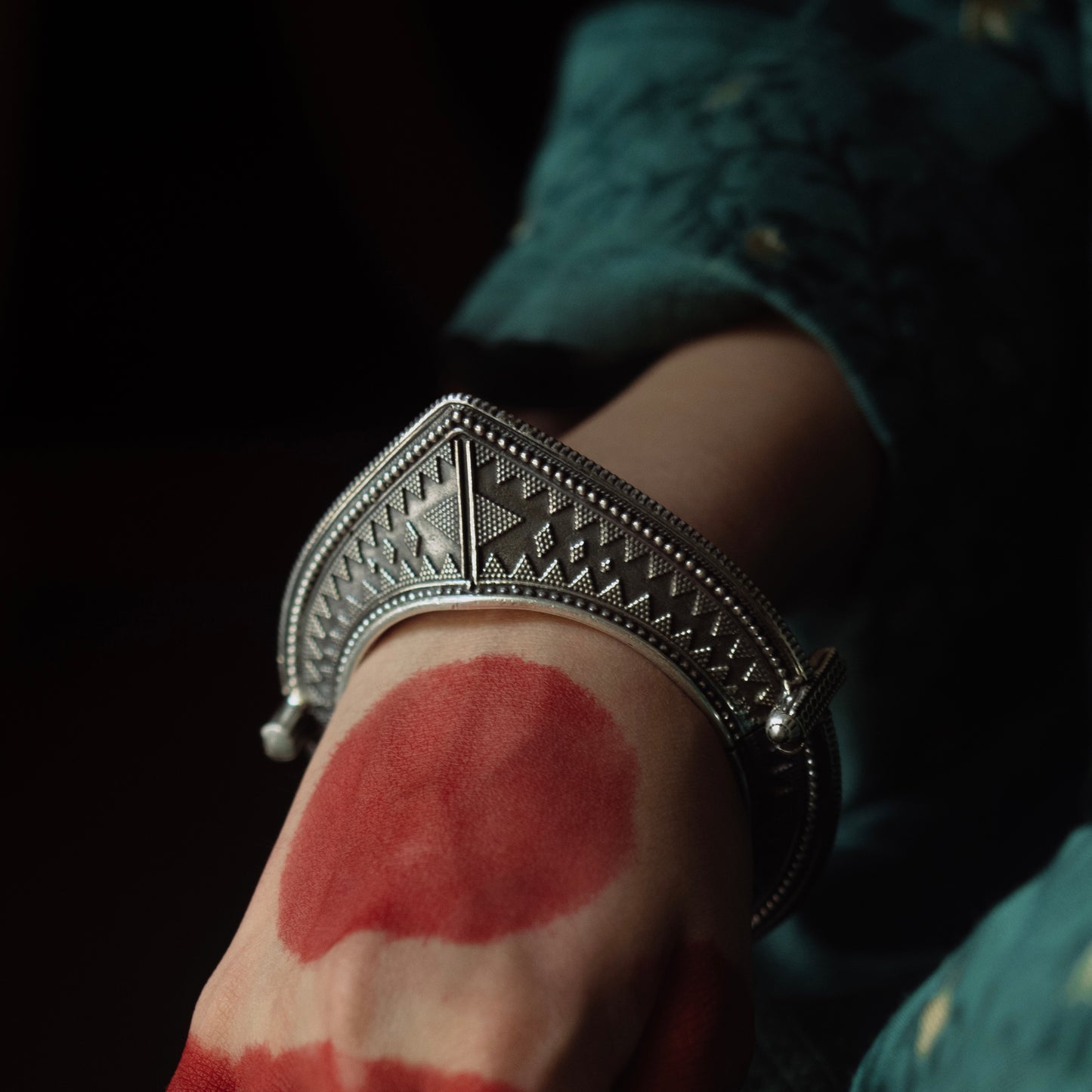 Hand Etched Hinged Tribal Indian Pyramid Kada Bangle with Rawa Work in Sterling Silver