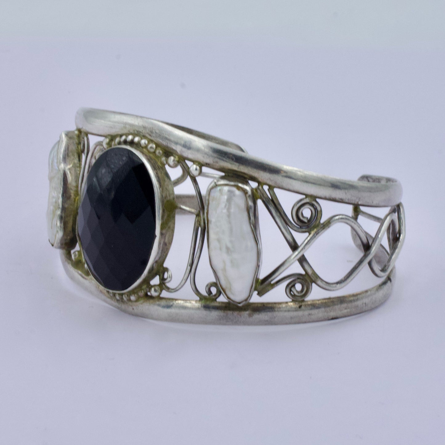 Vintage Black Onyx and Baroque Pearl Cuff Bracelet in Sterling Silver