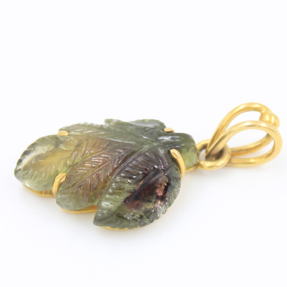 Minimalist Handmade 6.75 Ct Green Tourmaline Carved Leaf Pendant in 18K Yellow Gold