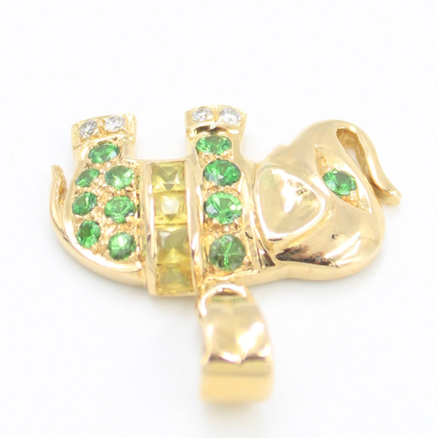 Minimalist 0.70 TCW Tsavorite, Yellow Sapphire & Diamond Elephant Pendant in 18K Gold