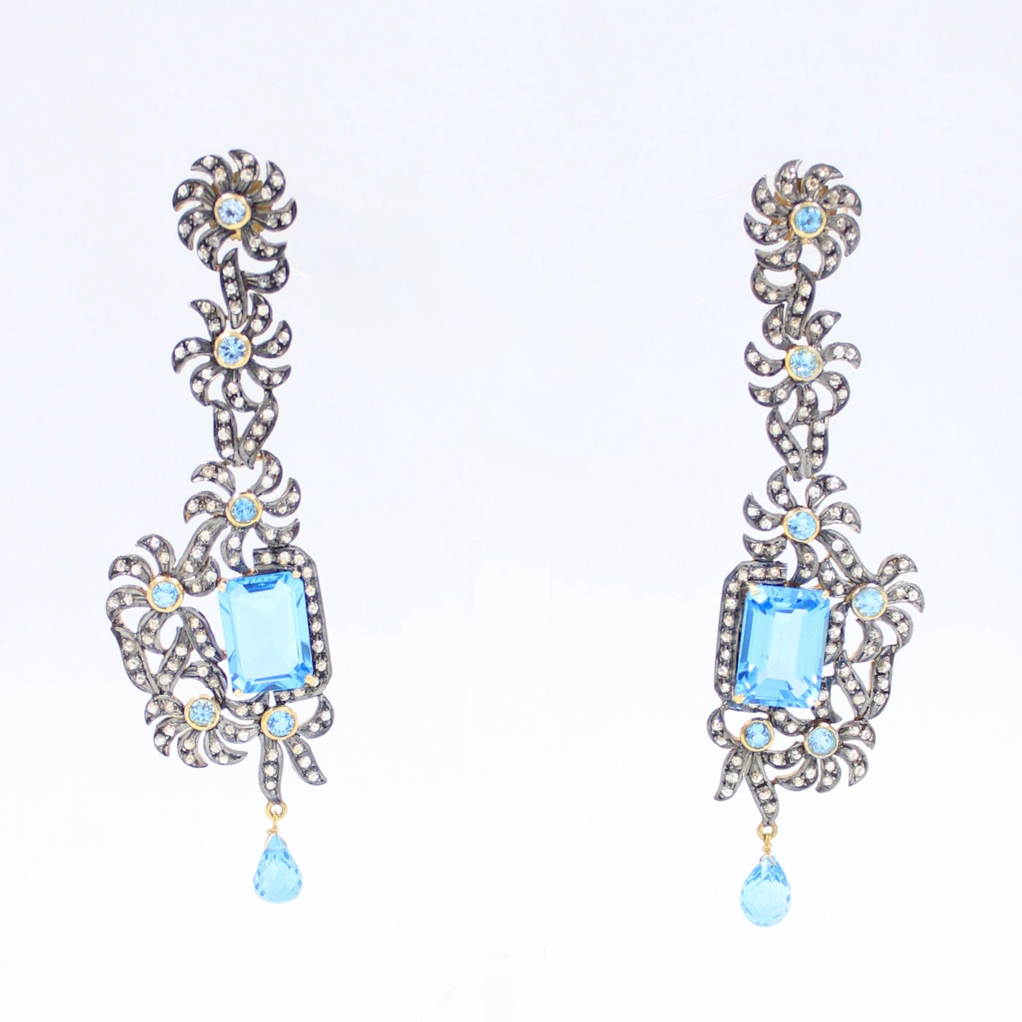 Victorian 27.52 TCW Blue Topaz and Diamond Drop Earrings in 14K Gold and Sterling Silver