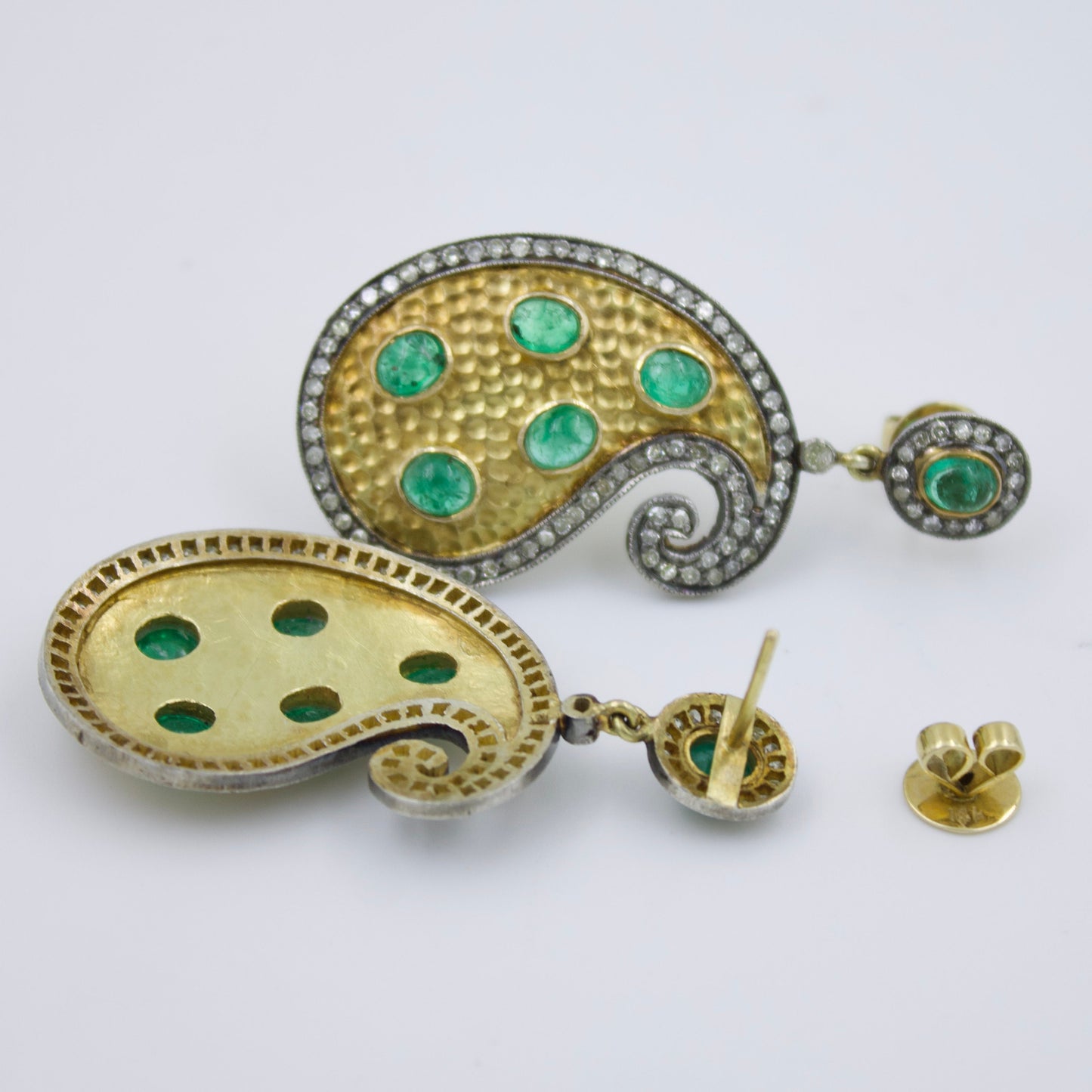 Victorian Emerald & Diamonds Handmade Mango Earrings in 14K Gold and Sterling Silver
