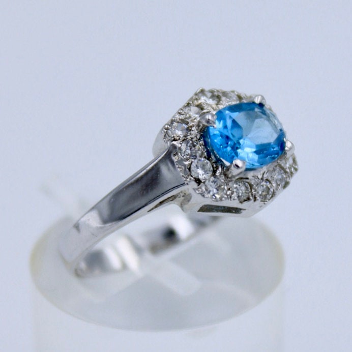 Vintage Swiss Blue Topaz & CZ Statement Necklace Earring and Ring in Sterling Silver