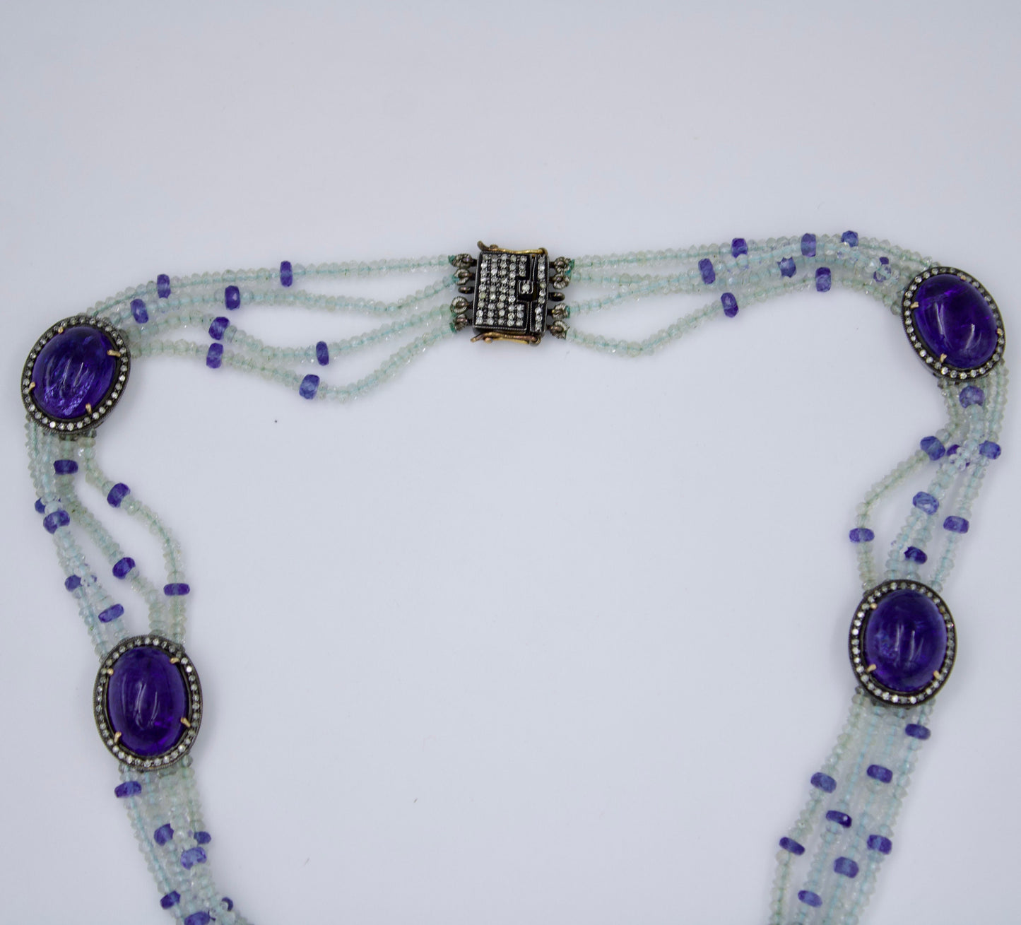 Victorian Tanzanite Aquamarine & Diamond Statement Tassel Necklace in 14K Gold and Sterling Silver