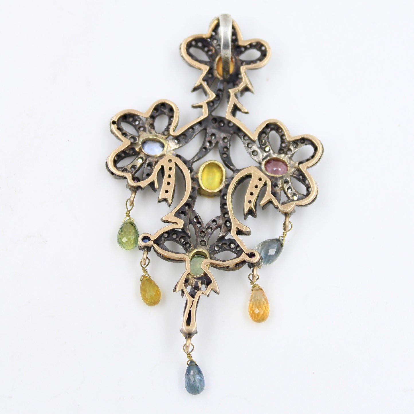 Victorian 6.45 TCW Untreated Multicolor Sapphires and Diamond Pendant in 14k Gold & Sterling Silver