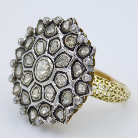 Victorian Polki Uncut Diamond Cocktail Ring with Filigree Work in 14K Yellow Gold and Sterling Silver