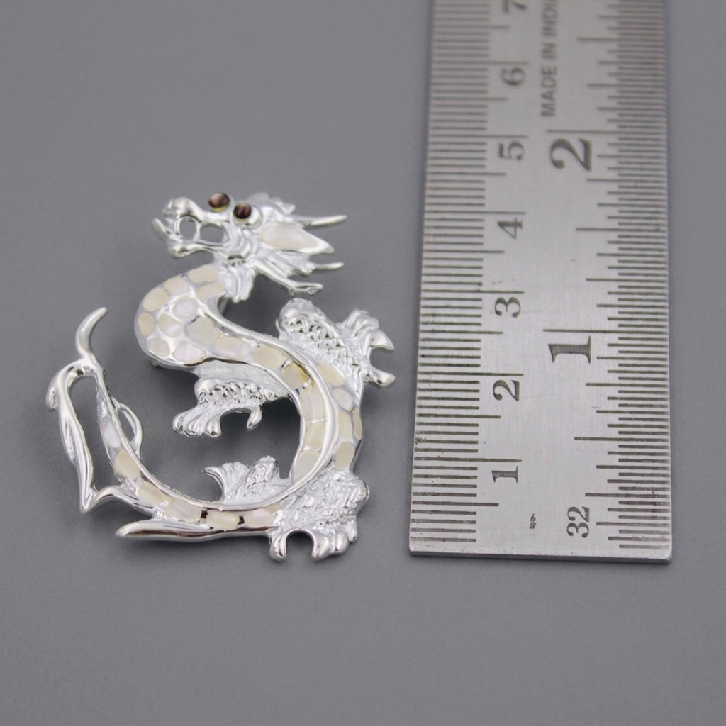 Silver Dragon Brooch Pendant with Mother of Pearl Inlay 925 Sterling Silver