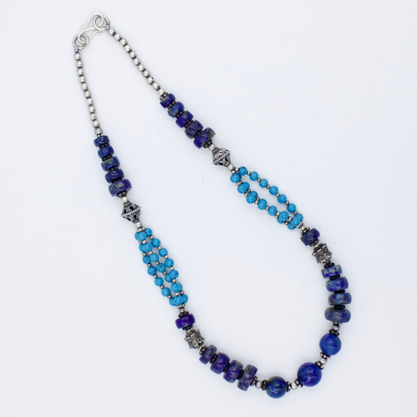 Vintage Lapis and Turquoise Beaded Statement Necklace in Sterling Silver