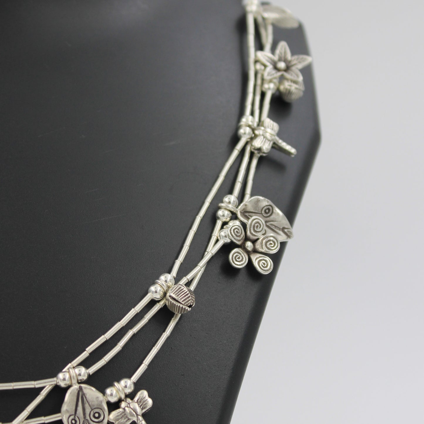 Handmade Indonesian Floral & Butterfly Charm 3 Layered Necklace in Sterling Silver