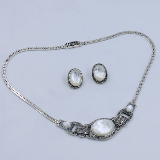 Unique Marcasite and Mother of Pearl Necklace & Stud Earring in Sterling Silver