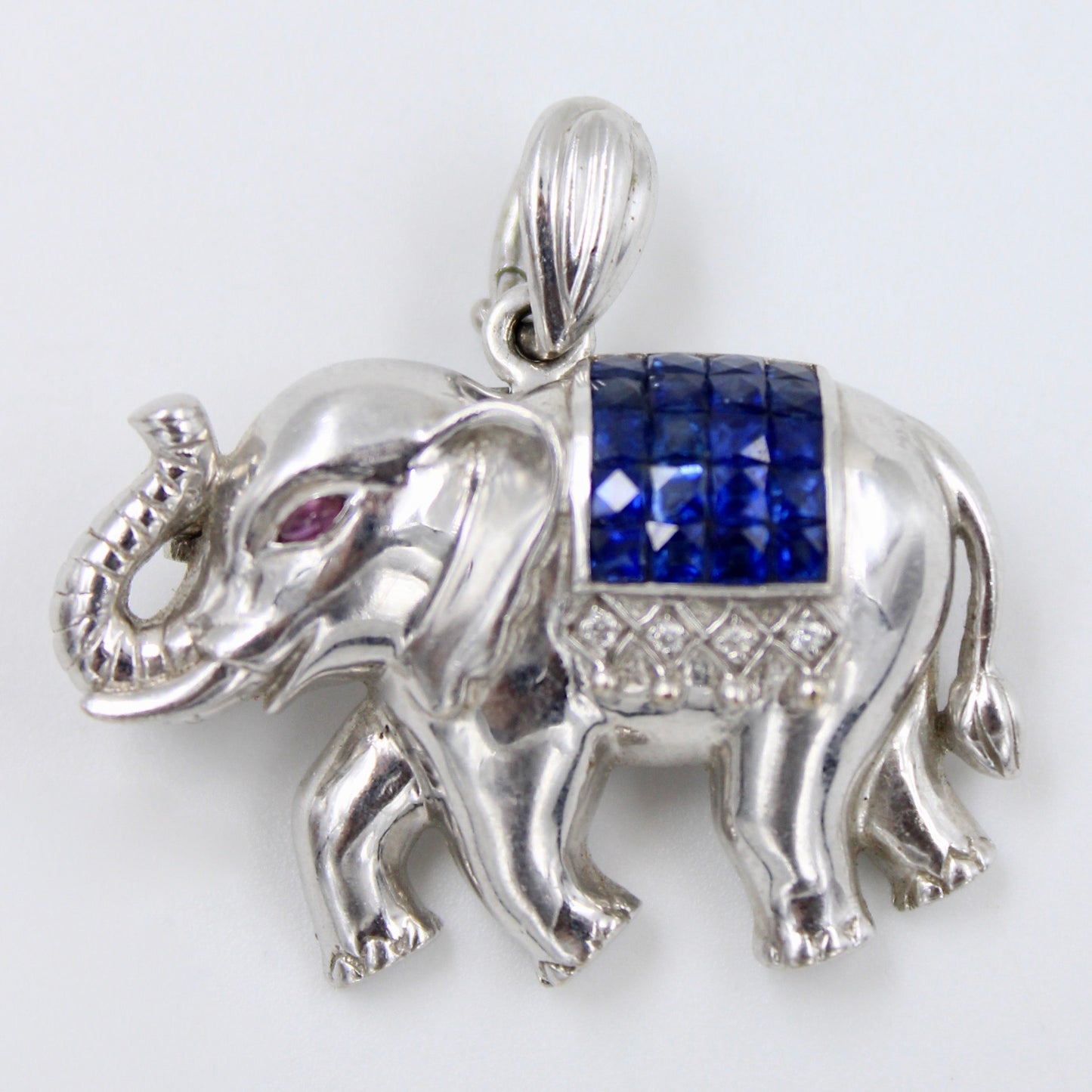 Handmade 1.93 TCW Natural Sapphire Elephant Pendant / Brooch Pin in 18K White Gold