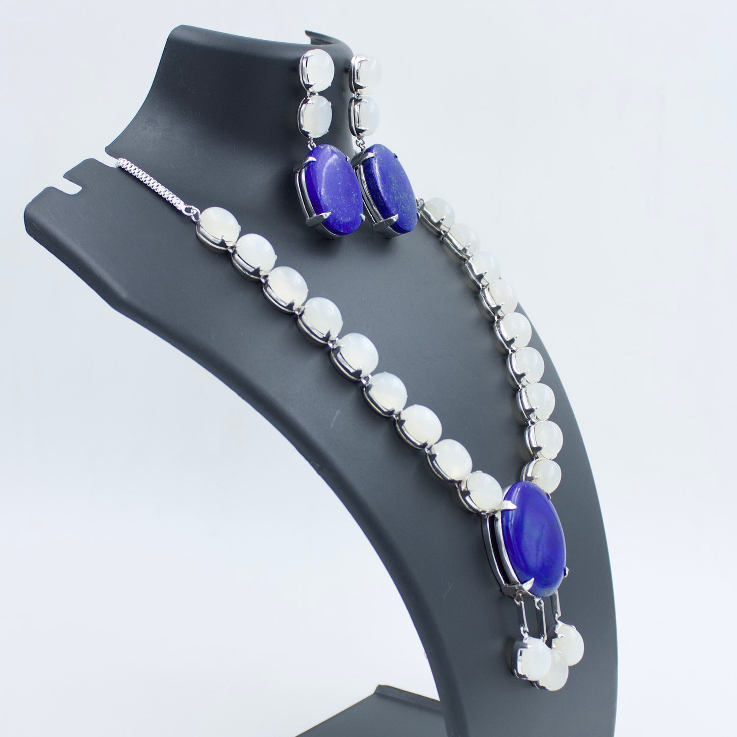 Vintage Art Deco Lapis Lazuli and Moonstone Statement Necklace Earrings and Ring in Sterling Silver
