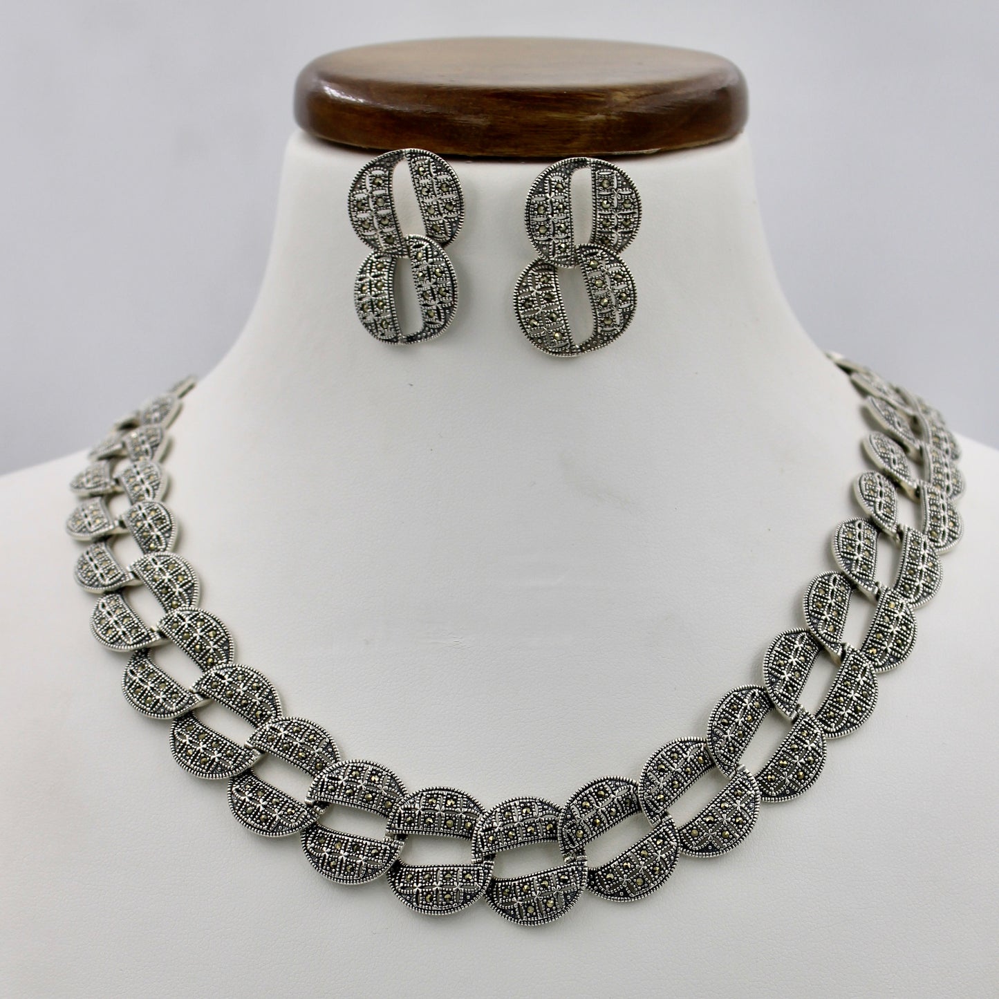 Statement Marcasite Cuban Link Necklace & Earring Set in Sterling Silver