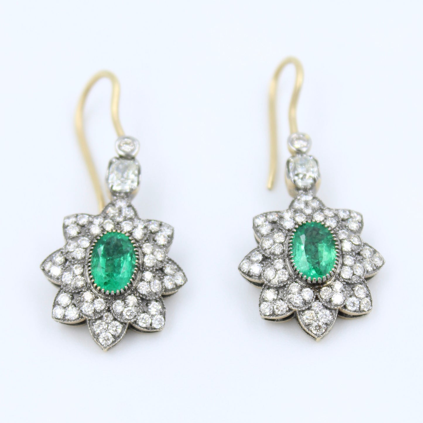 Unique 2.77 Ct Emerald & Diamond Filigree Work Drop Earrings in 18K Black Gold