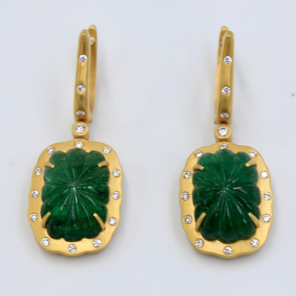 Natural 30.19 Ct Carved Emerald and Diamond Pendant & Earring Set 18K Gold