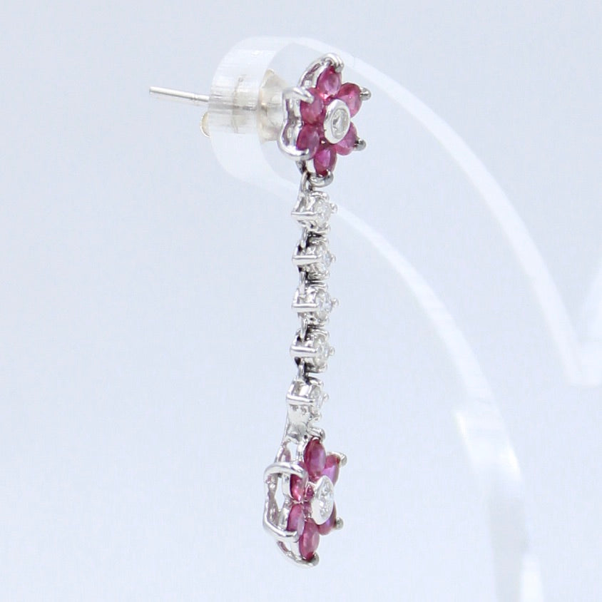 Elegant 2.13 TCW Natural Untreated Ruby & Diamond Floral Drop Earring in 18K White Gold