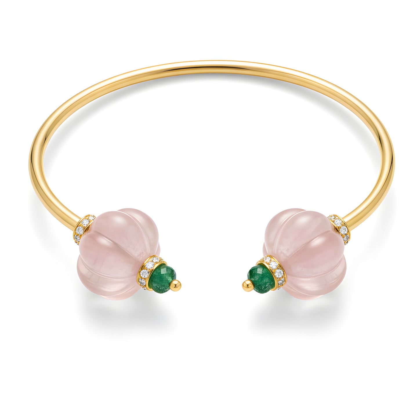 Minimal 35.3 Ct Natural Rose Quartz, Emerald & Diamond Bracelet in 18K Gold