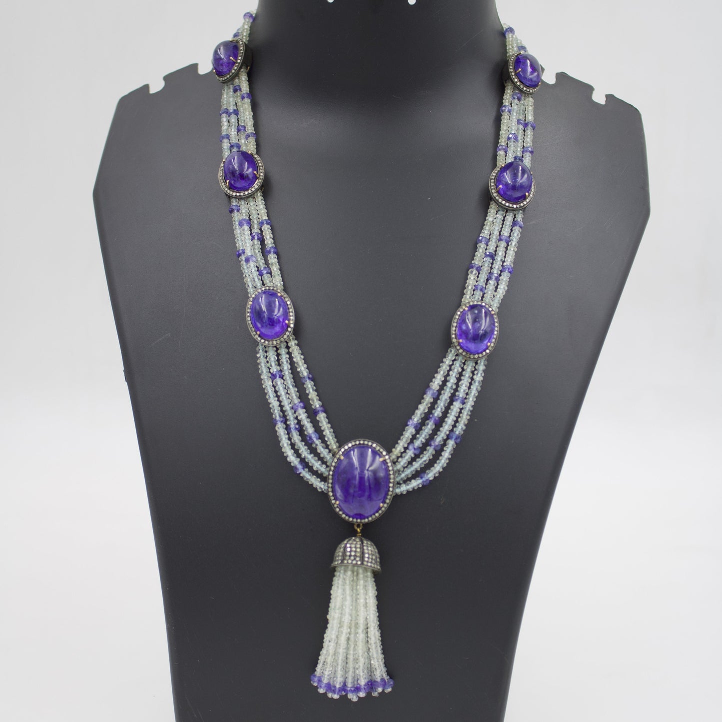 Victorian Tanzanite Aquamarine & Diamond Statement Tassel Necklace in 14K Gold and Sterling Silver