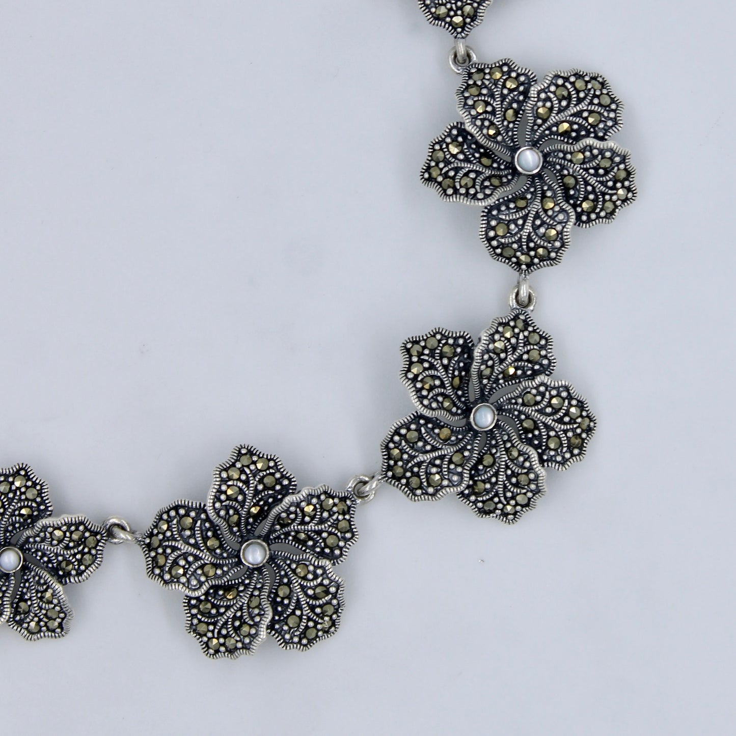 Unique Marcasite & Mother of Pearl Floral Necklace & Earring in Sterling Silver
