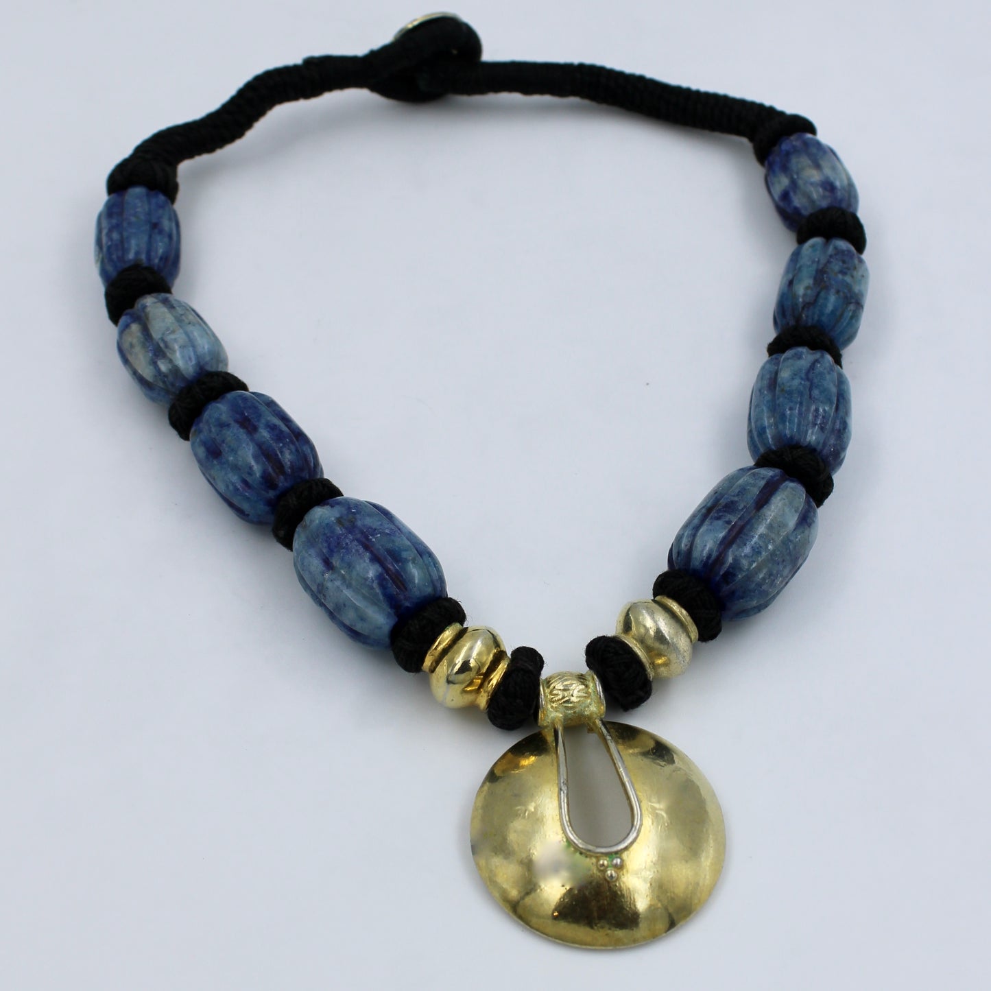 Vintage Tribal Lapis Lazuli Statement Pendant Thread Necklace in Sterling Silver