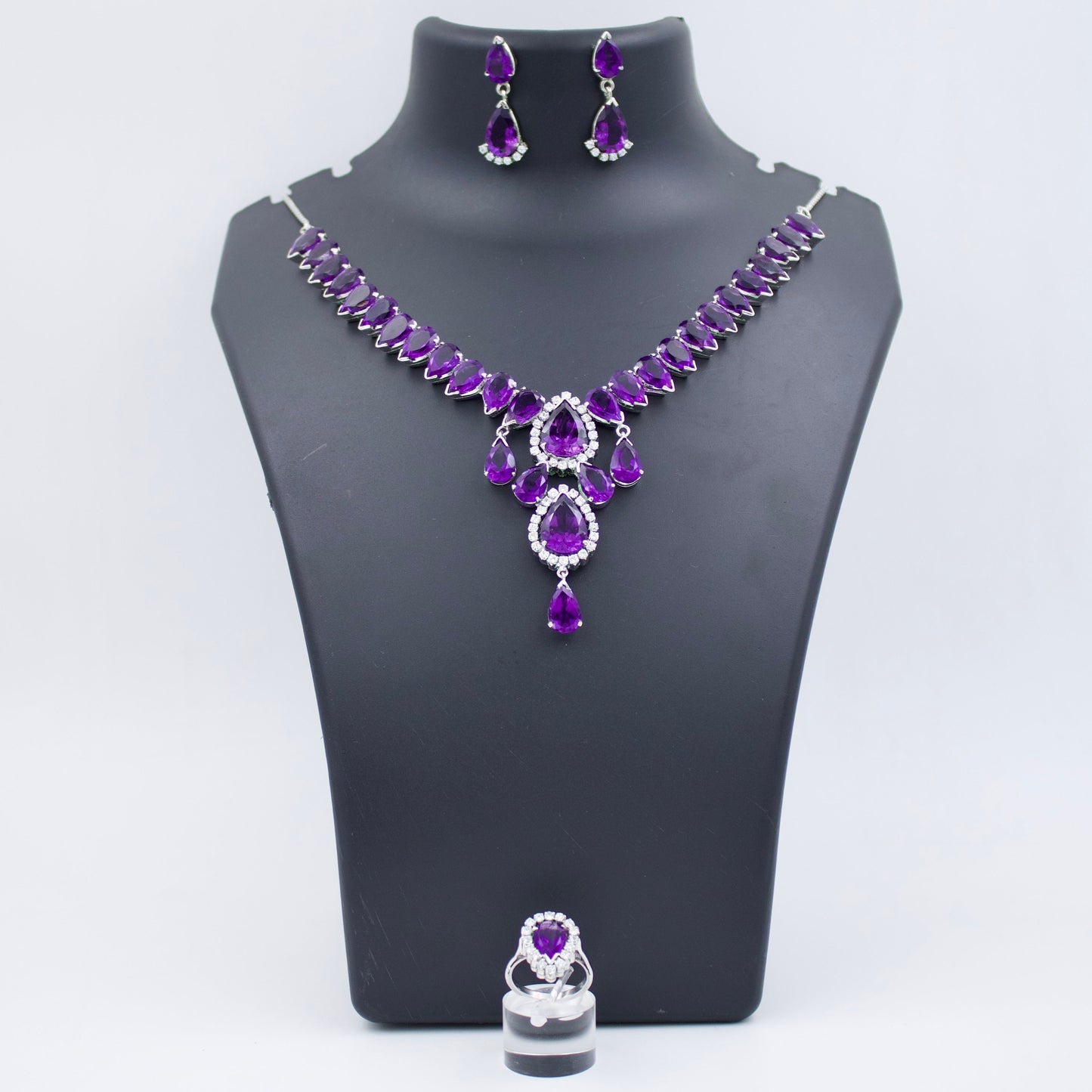 Vintage AAA Royal Purple 80 Ct Amethyst & CZ Statement Necklace, Drop Earrings, and Ring in Sterling Silver, February
