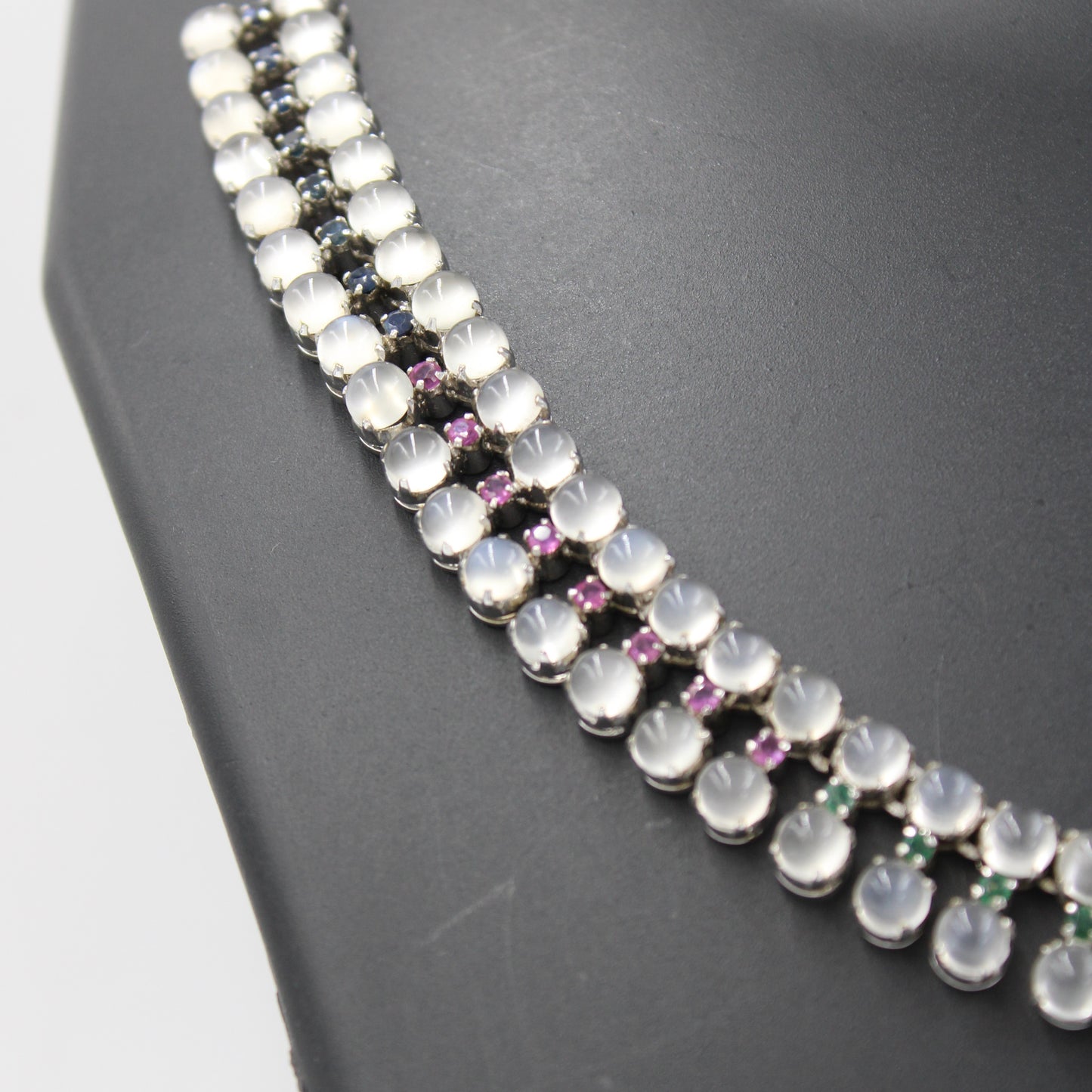 43.4 Ct AAA Natural Moonstone, Emerald, Pink & Blue Sapphire Silver Necklace, Earring & Ring Set