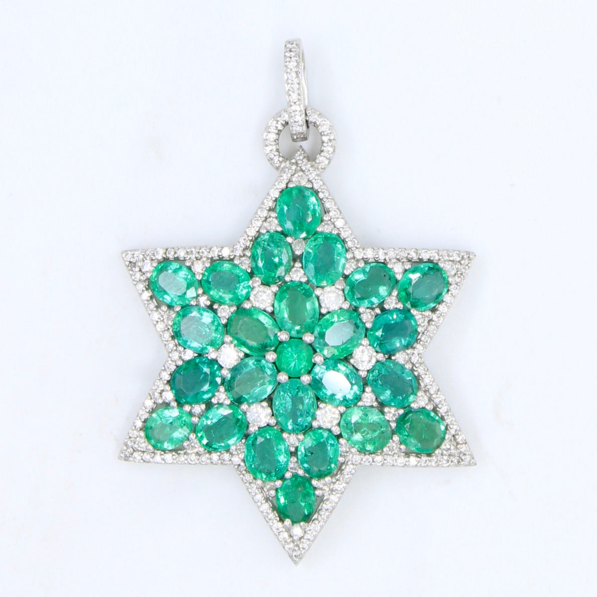 Statement 13.93 TCW Natural Emerald & Diamond Star Pendant in 18K White Gold