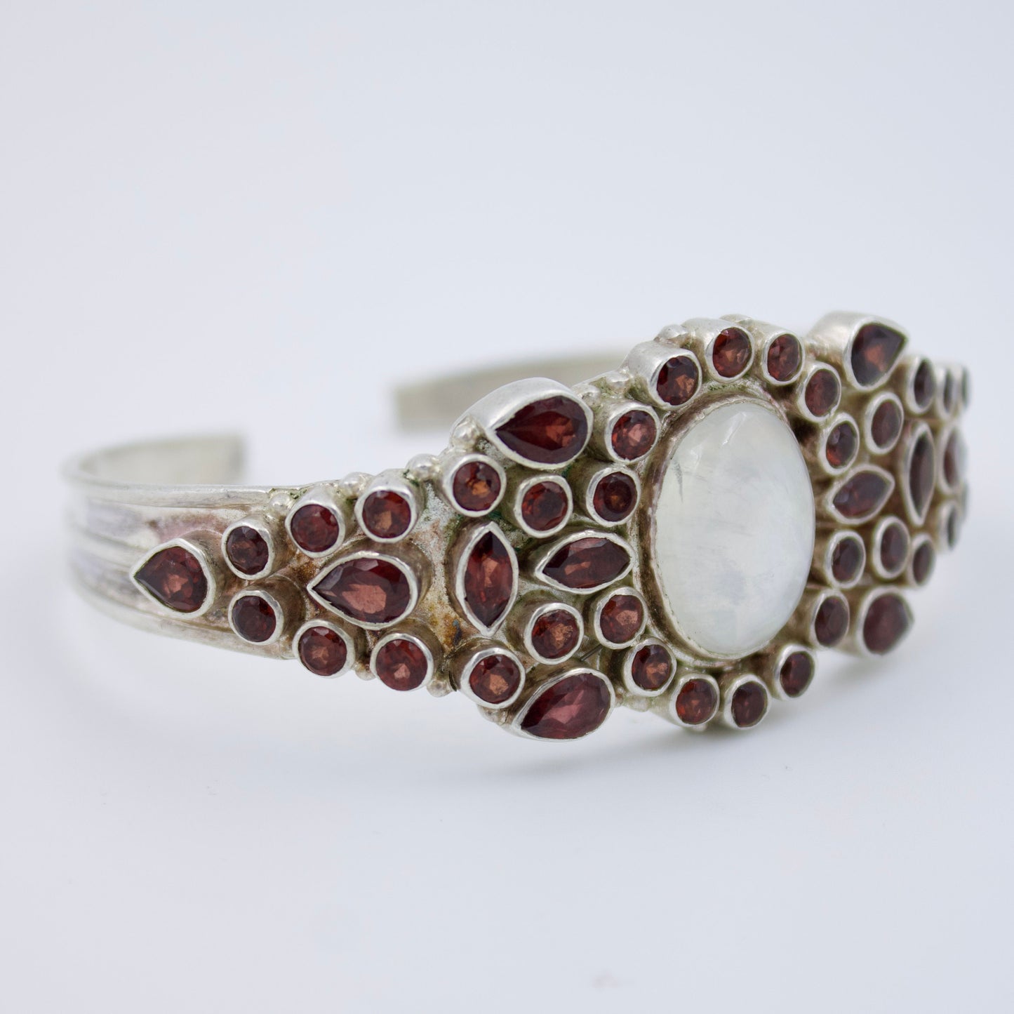 Vintage Moonstone and Garnet Statement Cuff Bracelet in Sterling Silver