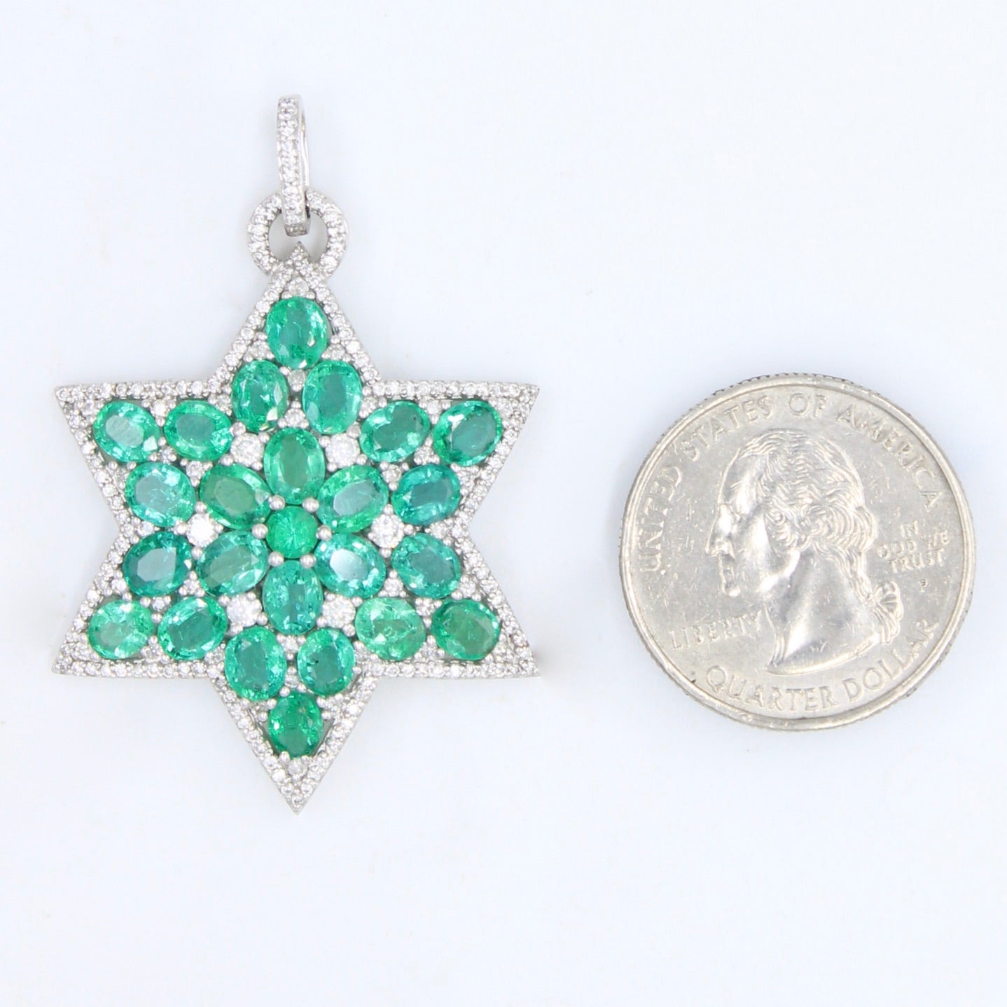 Statement 13.93 TCW Natural Emerald & Diamond Star Pendant in 18K White Gold