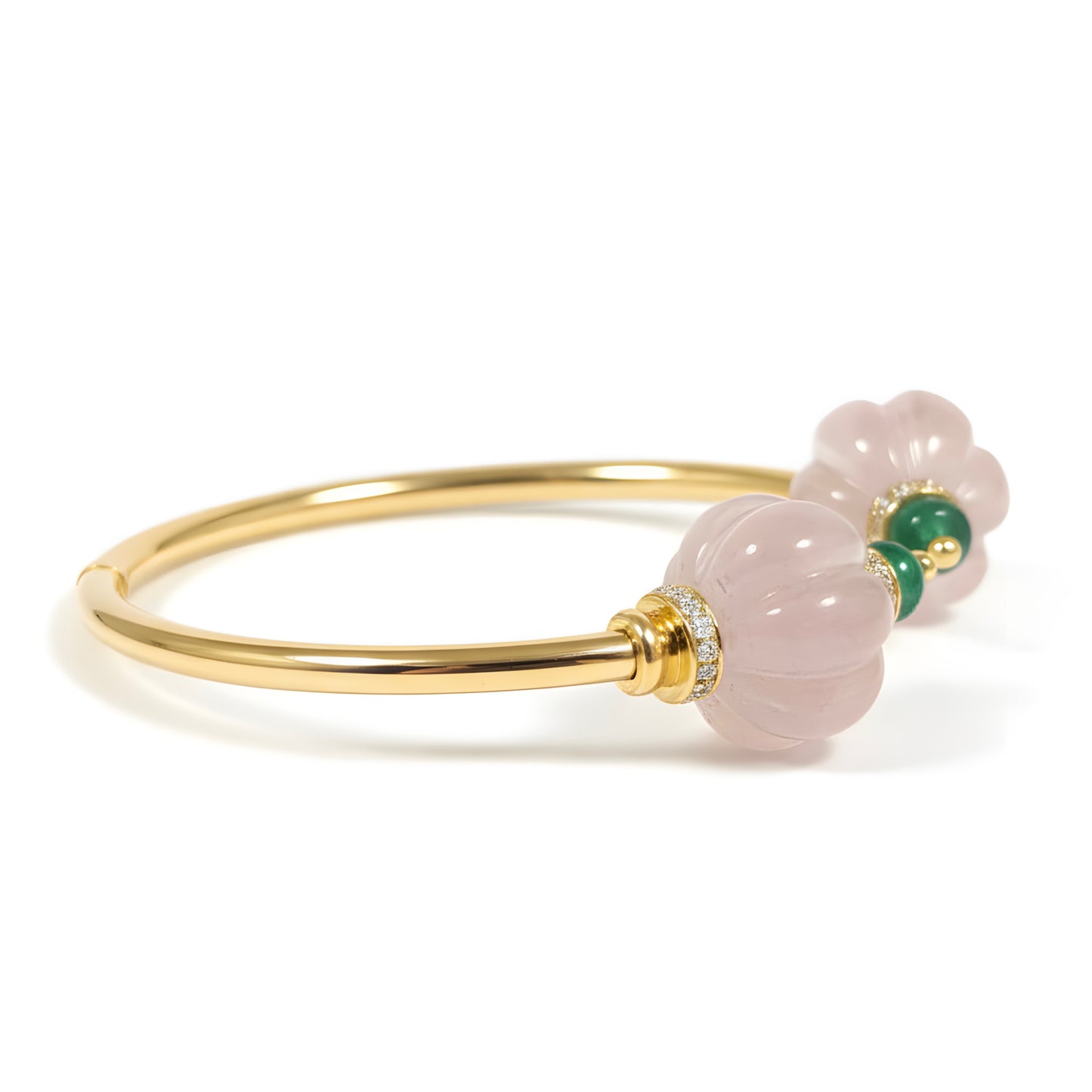Minimal 35.3 Ct Natural Rose Quartz, Emerald & Diamond Bracelet in 18K Gold