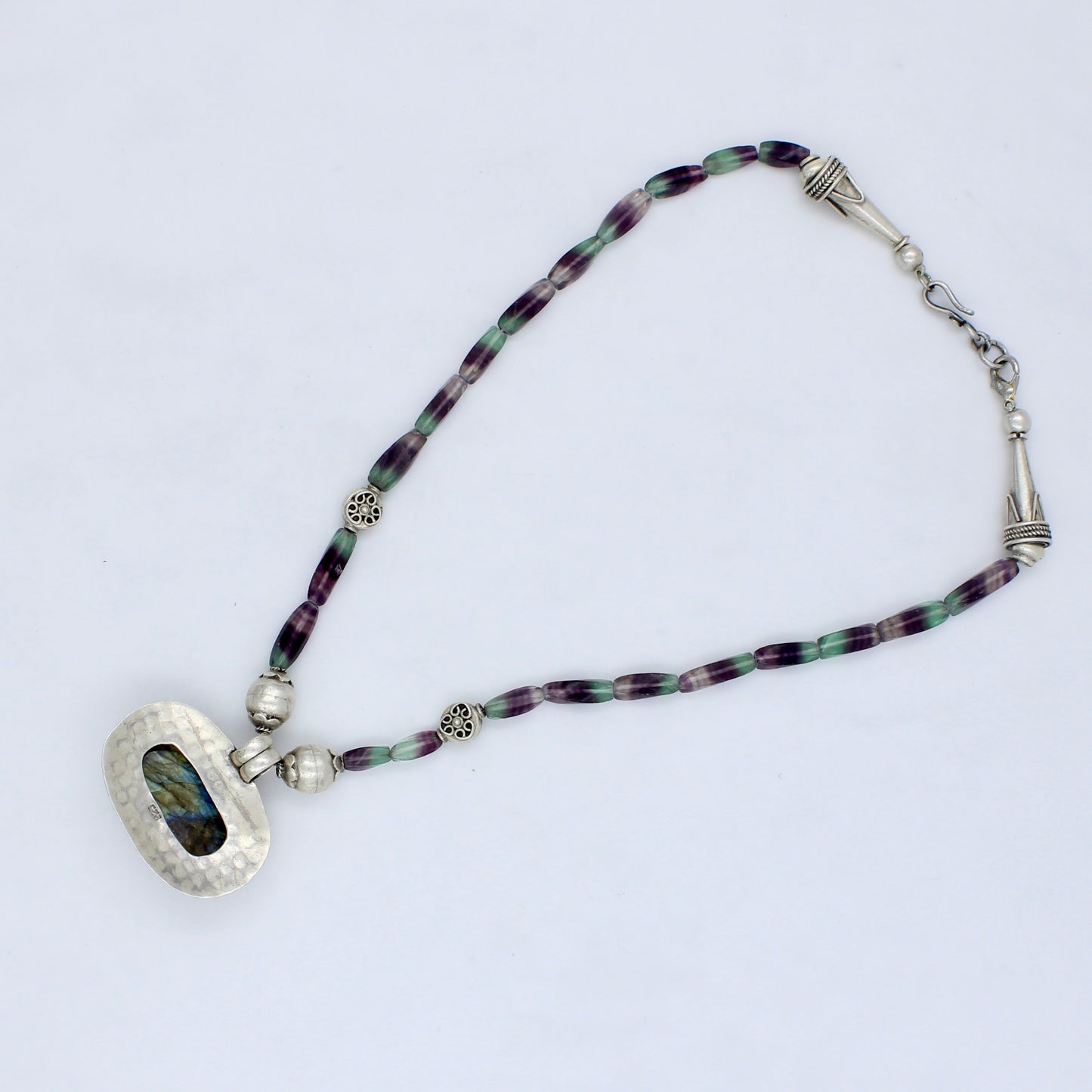 Vintage Labradorite and Blue John Fluorite Pendant Necklace in Sterling Silver