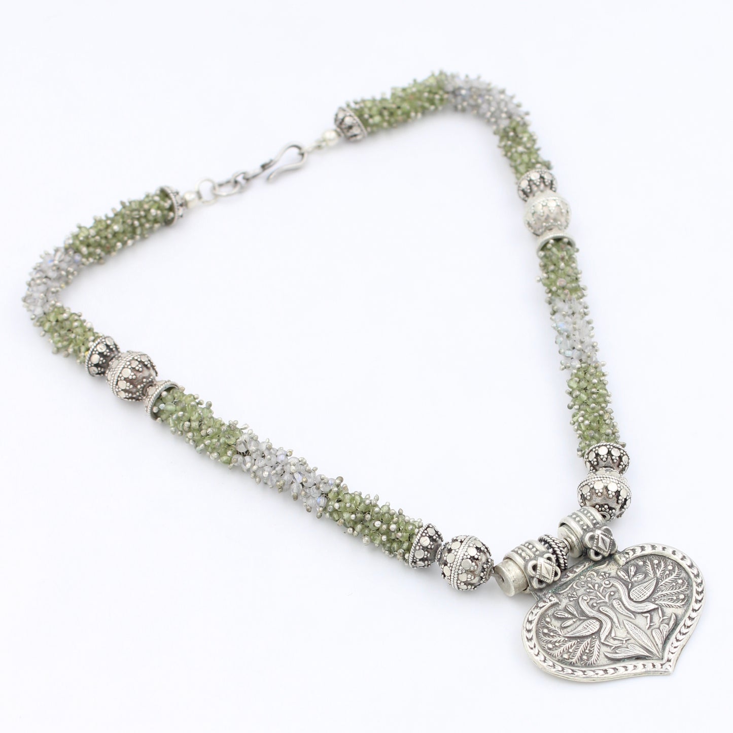 Handmade Peridot & Moonstone Dancing Peacock Pendant Necklace inSterling Silver