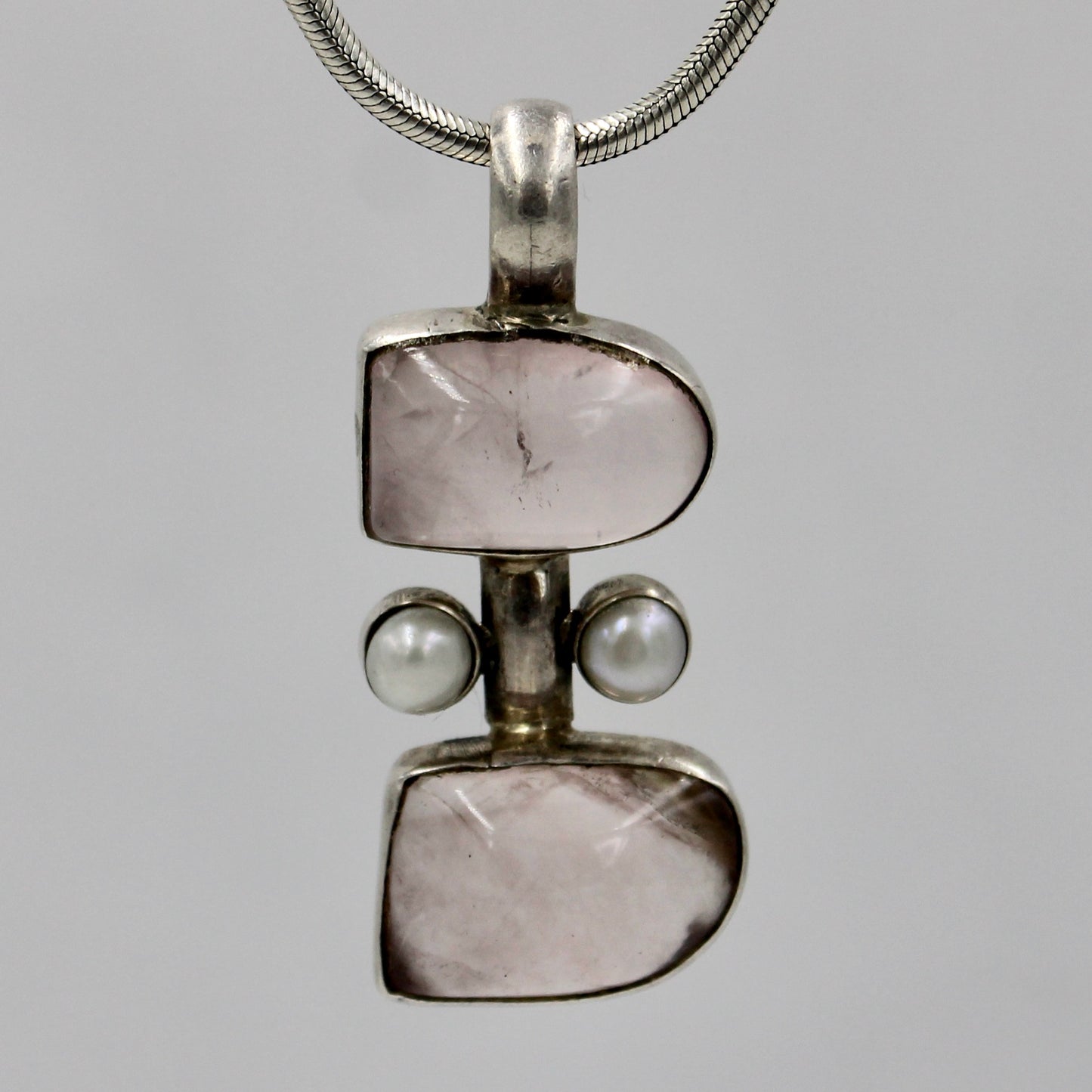Vintage Handmade Rose Quartz & Pearl Pendant in Sterling Silver