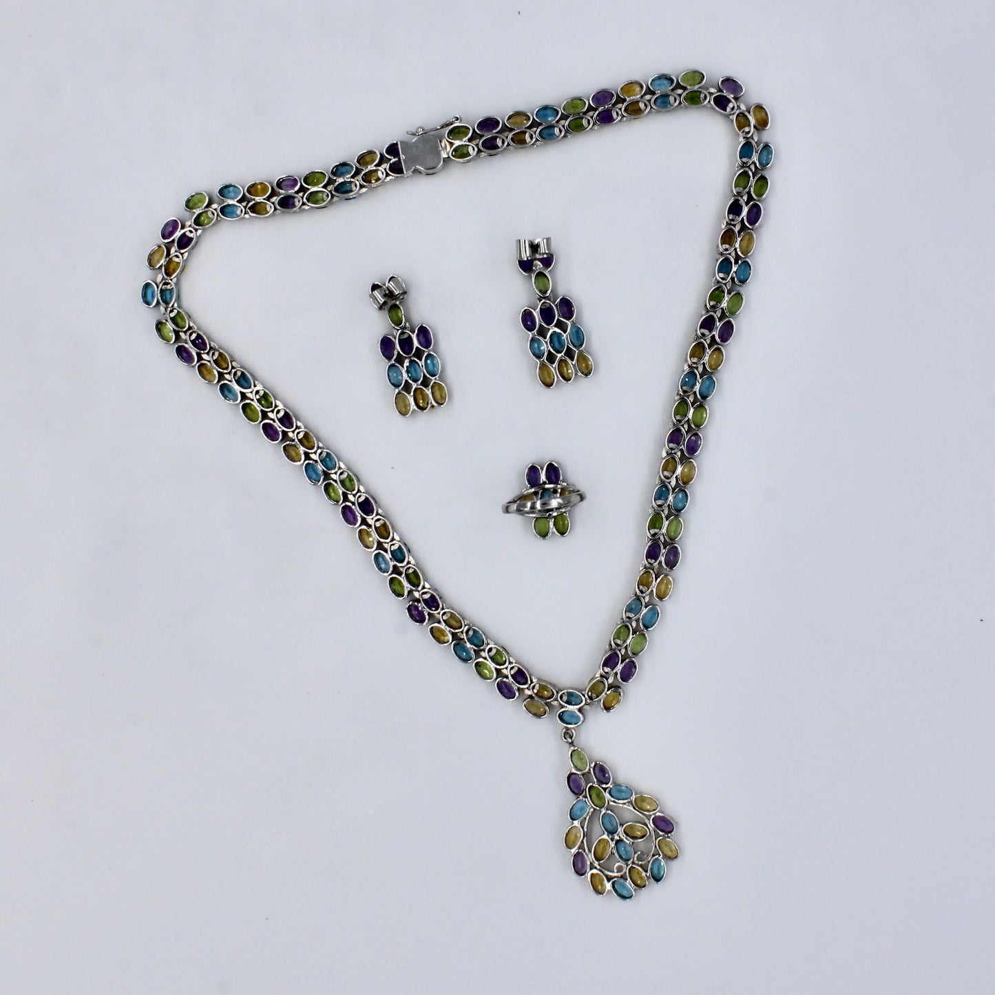 Natural AAA 86.75 Ct Peridot, Citrine, Amethyst, Blue Topaz Sterling Silver Necklace, Earring & Ring Set