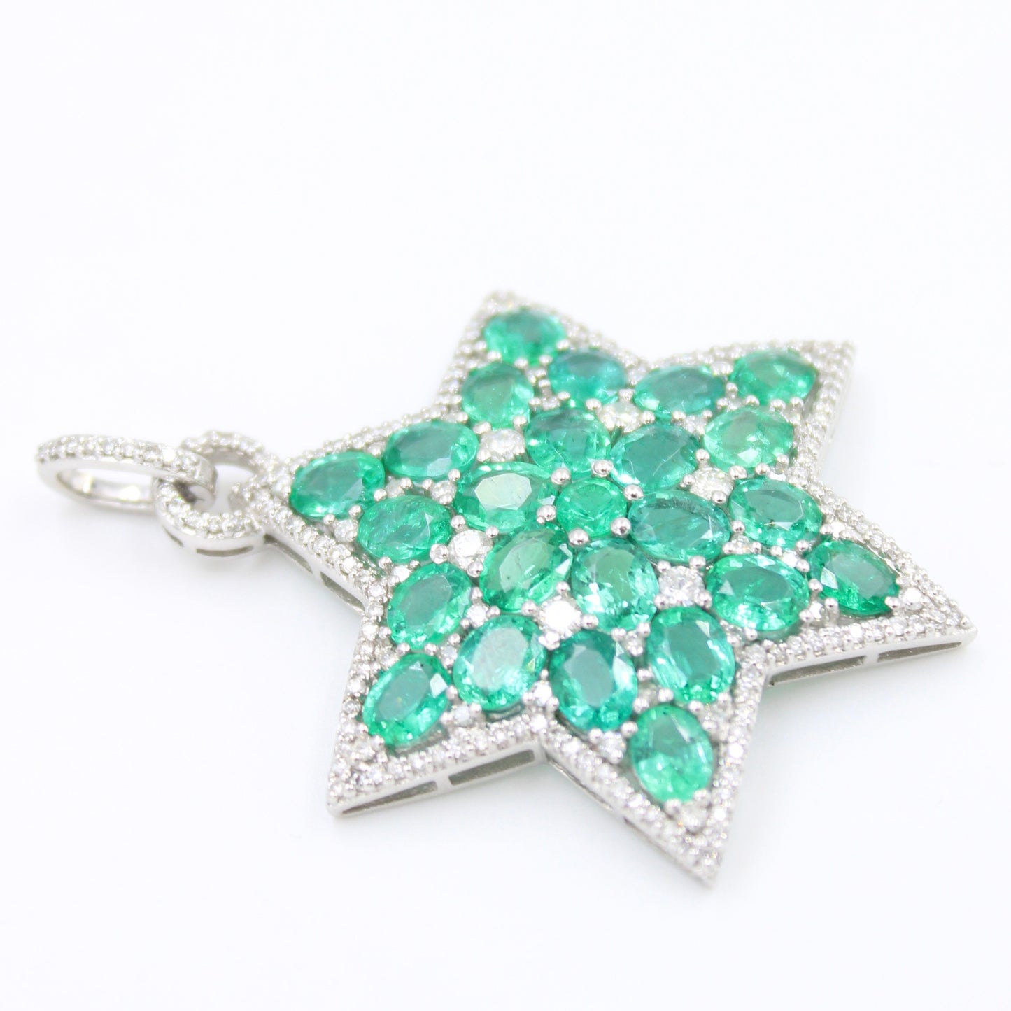 Statement 13.93 TCW Natural Emerald & Diamond Star Pendant in 18K White Gold