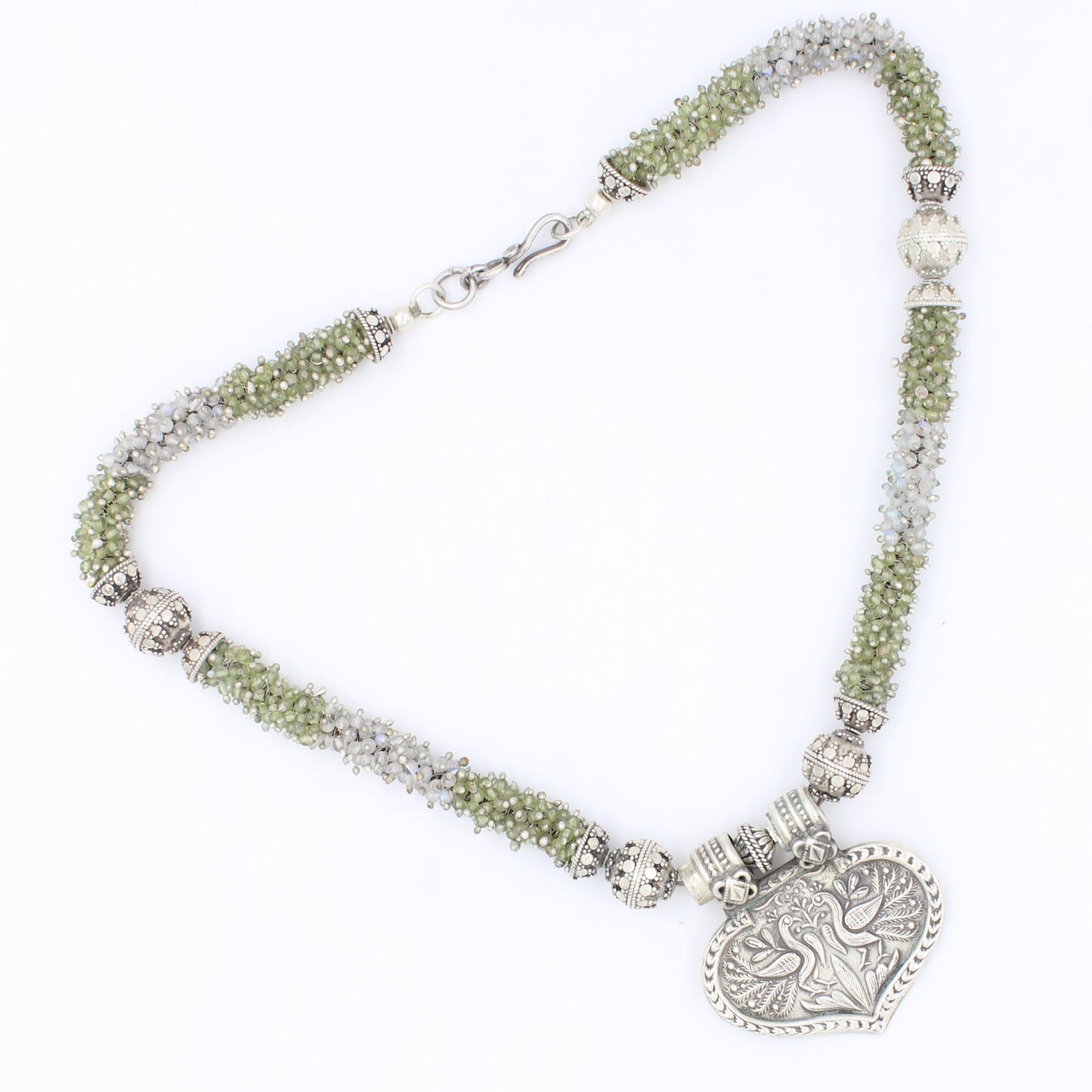 Handmade Peridot & Moonstone Dancing Peacock Pendant Necklace inSterling Silver
