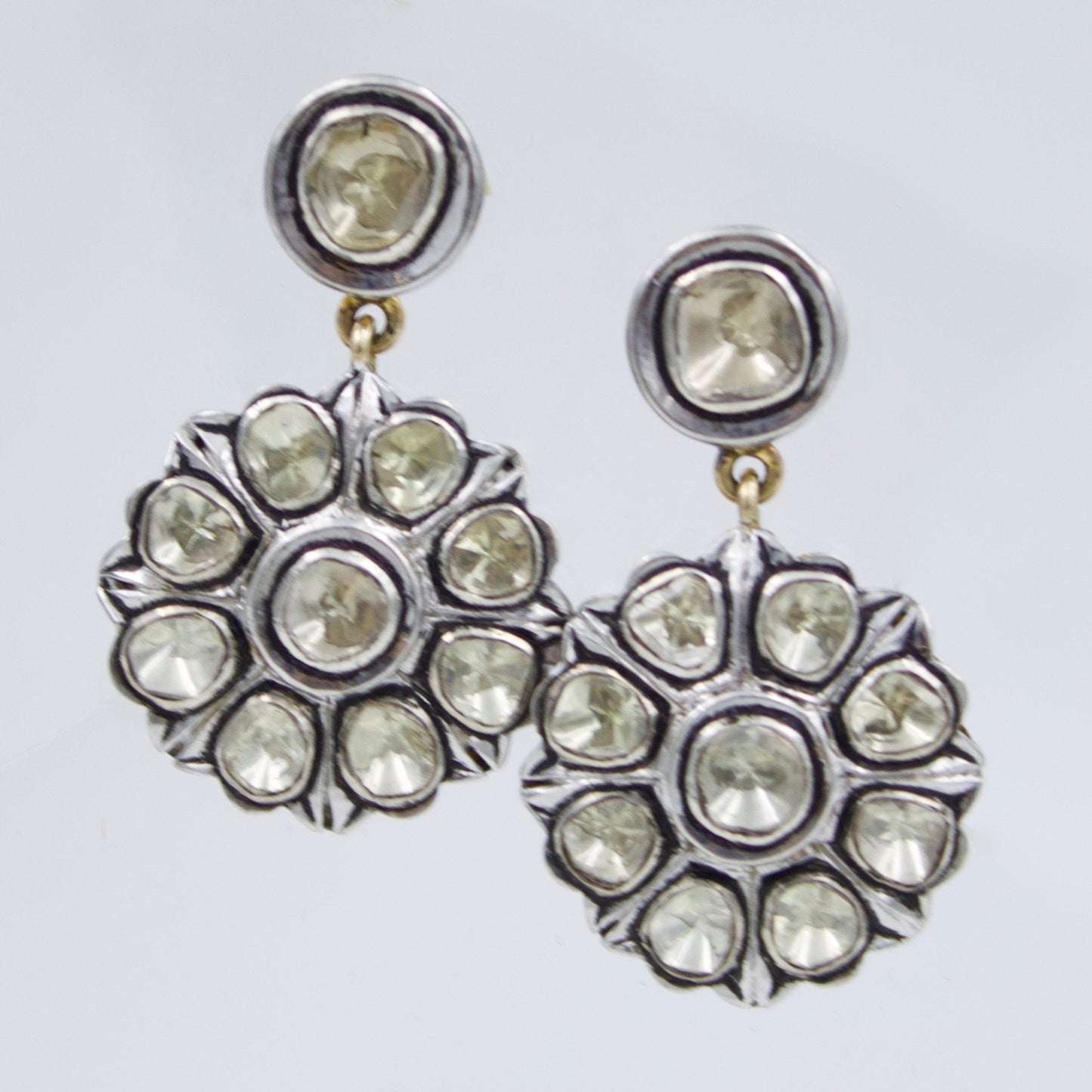Vintage Victorian Natural Polki Diamond Statement Drop Earrings with Filigree Work in 14K Gold and Sterling Silver Alloy